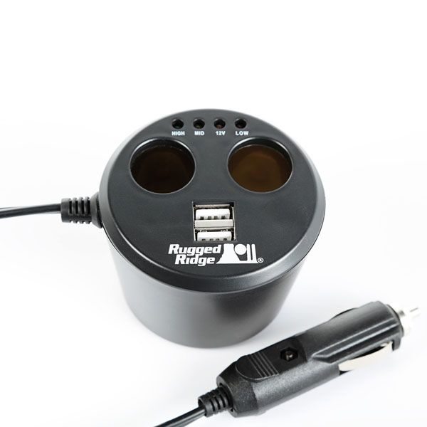 Ladestation am Getränkehalter mit 12 Volt Anschluss Rugged Ridge 15101.03 Power Cup, 2 x USB + 2 x Accessory Ports