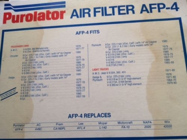 Luftfilter Purolator Air Filter AFP-4 / Motorvator MPA-8 AMC V8 / Chrysler Dodge Plymouth V8 6 Cyl / AFP-4 / ACD*A1103C / AC-Del